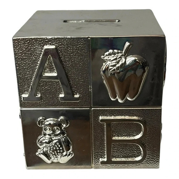 Vintage Silver Alphabet Baby Block Bank Animals Letters 3" Square Cube - Picture 1 of 6